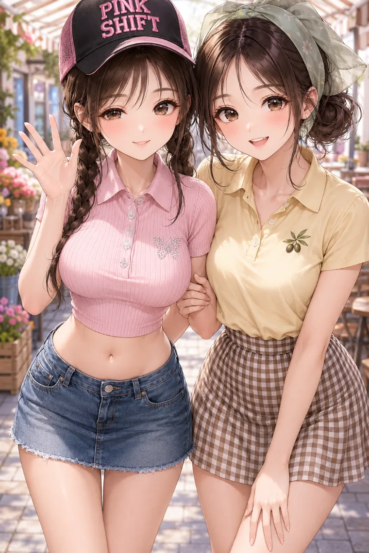 GPT Image 2.0で生成したポロシャツを着た美少女のAIイラスト(左側がピンク色のポロシャツ、右側が薄いイエローのポロシャツ)