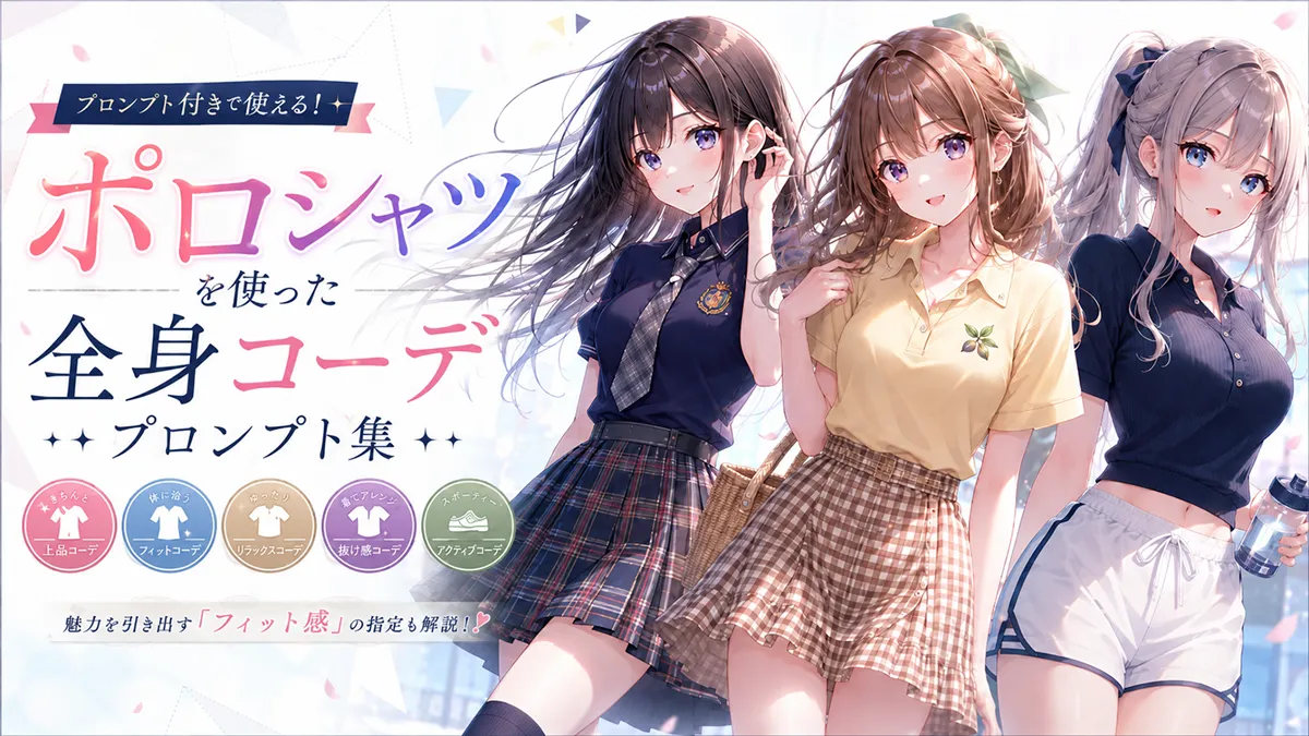 ポロシャツを使った全身コーデプロンプト（服の皺の指定入り）