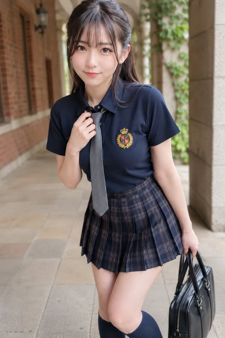 実写AI美女版|紋章刺繍入りのネイビーポロとチェック柄プリーツミニスカートを合わせたトラッドコーデ