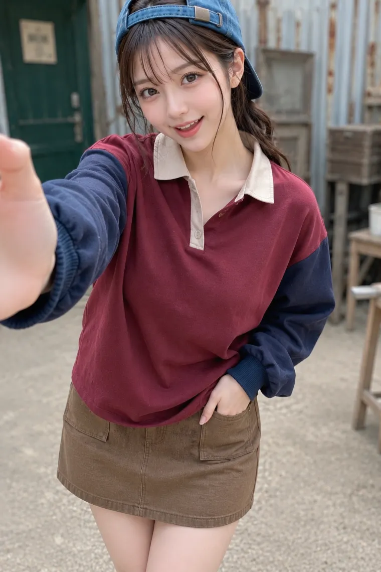 実写AI美女版|3色ブロックカラーの長袖ポロとブラウンのダック地ミニスカートを合わせたワークコーデ