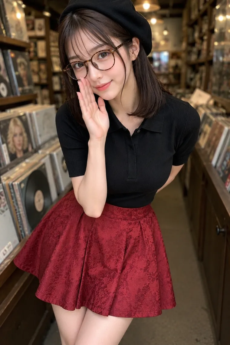 実写AI美女版|比翼仕立ての黒サマーニットポロと深紅のジャガードフレアミニスカートを合わせたコーデ