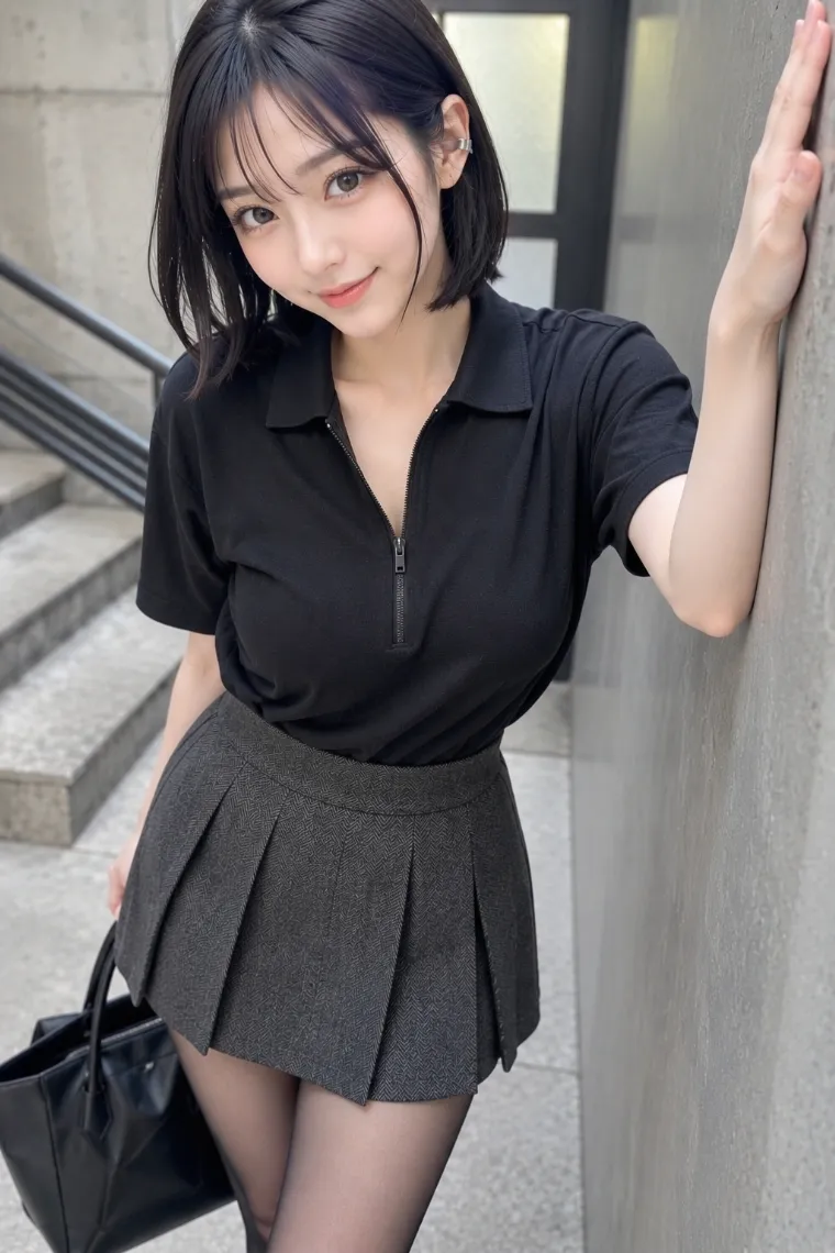 実写AI美女版|マットブラックのハーフジップポロとヘリンボーン柄プリーツミニスカートを合わせたコーデ