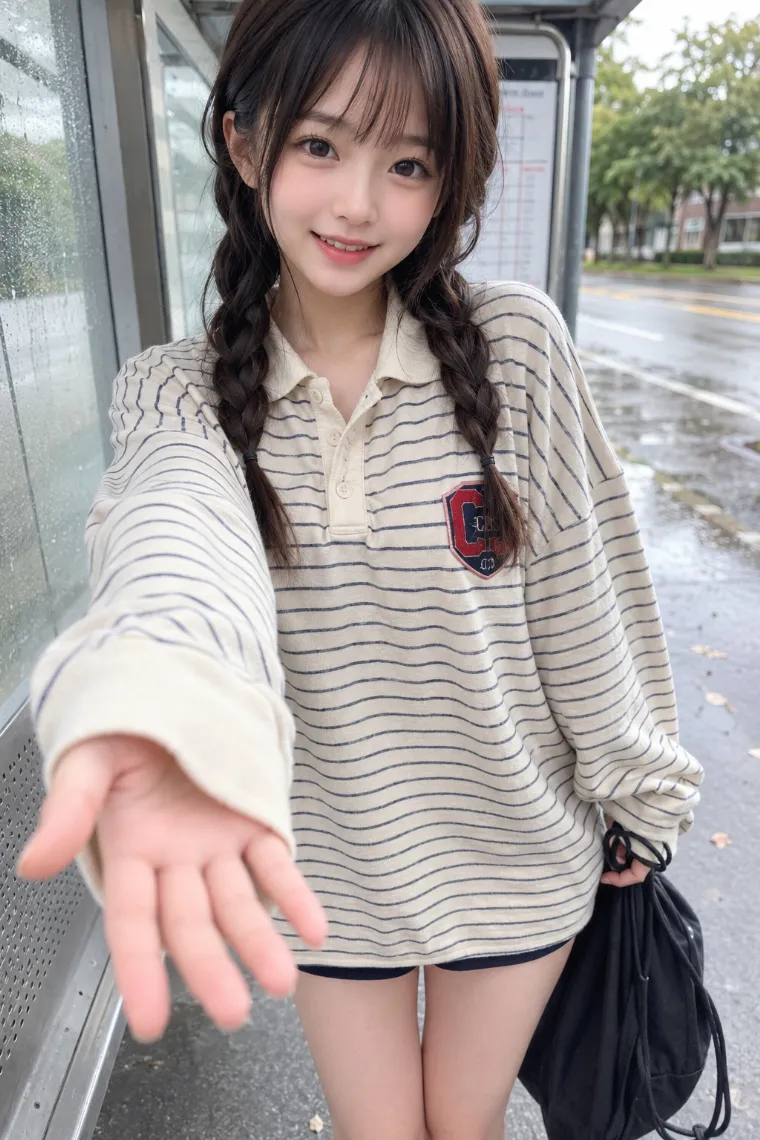 実写AI美女版|カレッジワッペン付きのオーバーサイズボーダーポロと黒ショートパンツを合わせたコーデ