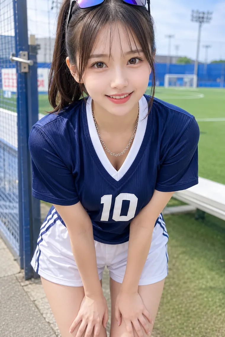 実写AI美女版|ナンバー入りのシャイニーネイビーポロと白ジャージショーツを合わせたスポーツコーデ