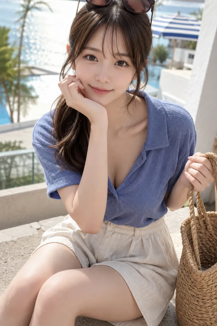 実写AI美女版|フレンチブルーのパイル地スキッパーポロとエクリュのリネンショーツを合わせたコーデ