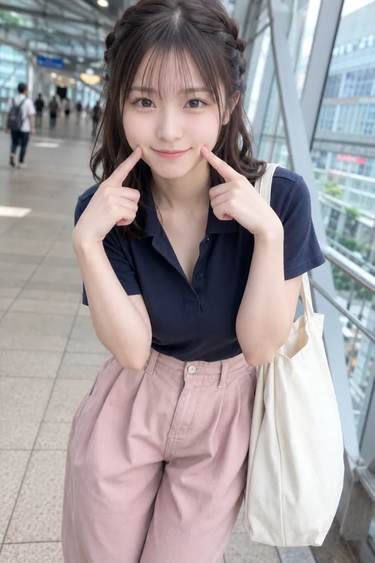 実写AI美女版|ボタンを開けた濃紺鹿の子ポロとペールピンクのバルーンパンツを合わせたコーデ