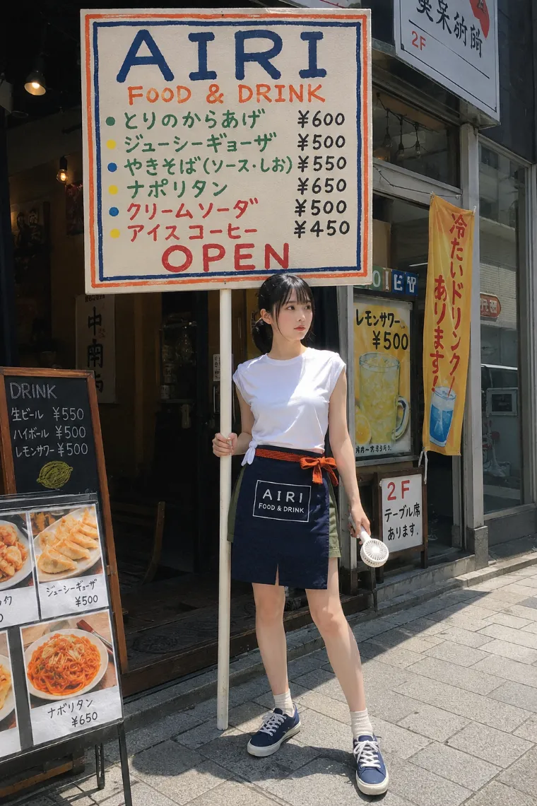 居酒屋の看板娘が繁華街で看板を持っているシーンのAI画像作例｜GPT Image 2.0生成