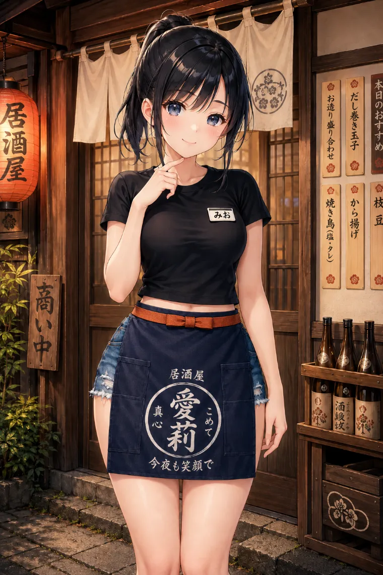 AIイラスト版｜黒い短丈Tシャツとデニムショート、紺色の帆前掛けを着た居酒屋の看板娘