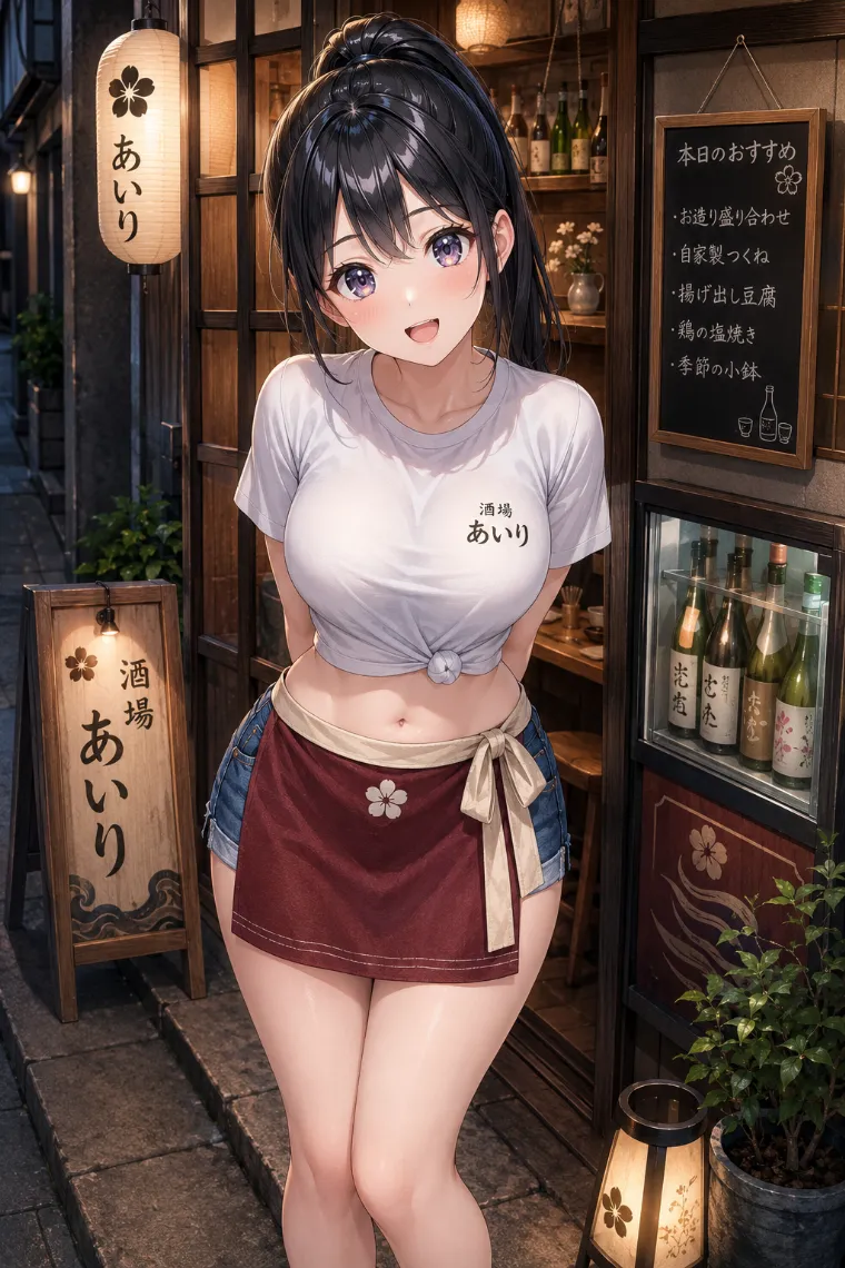 AIイラスト版｜裾を結んだ白Tシャツとデニムショート、えんじ色の前掛けを着た酒場の看板娘