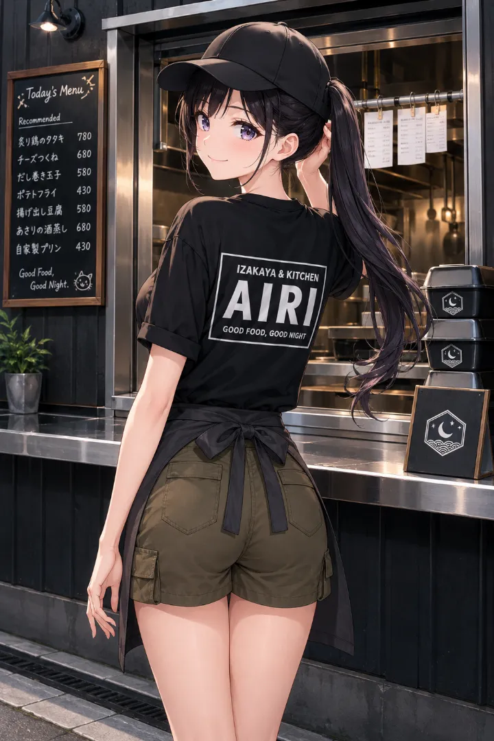 AIイラスト版｜黒いTシャツとカーキ色のカーゴショートパンツ、チャコール色の前掛けを着たキッチン酒場の看板娘