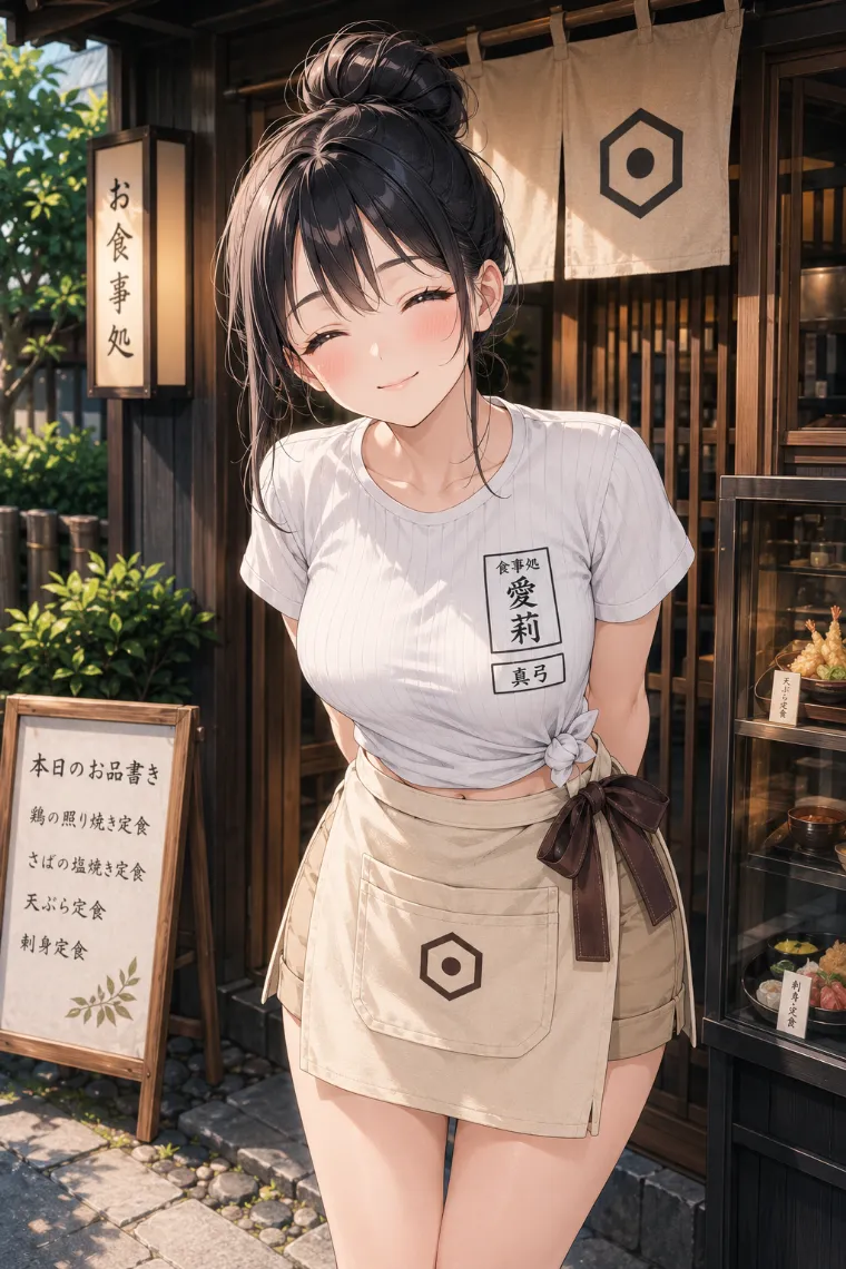 AIイラスト版｜白いリブTシャツとベージュのチノショートパンツ、生成り色の前掛けを着た食事処の看板娘