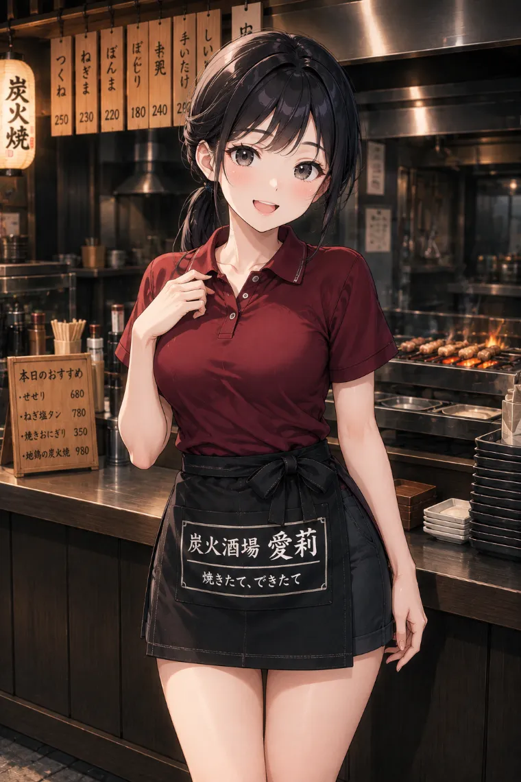 AIイラスト版｜えんじ色のポロシャツとチャコール色のワークショートパンツ、黒い前掛けを着た炭火酒場の看板娘