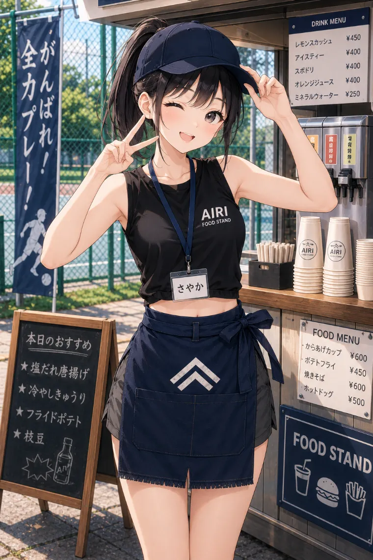 AIイラスト版｜黒いノースリーブTシャツとランニングショーツ、紺色の前掛けを着たフードスタンドの看板娘
