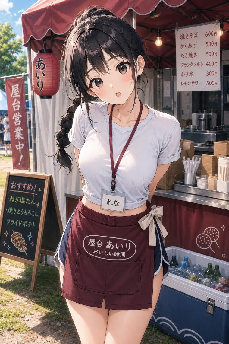 AIイラスト版｜白いTシャツと紺色のスポーツショートパンツ、えんじ色の前掛けを着た屋台の看板娘
