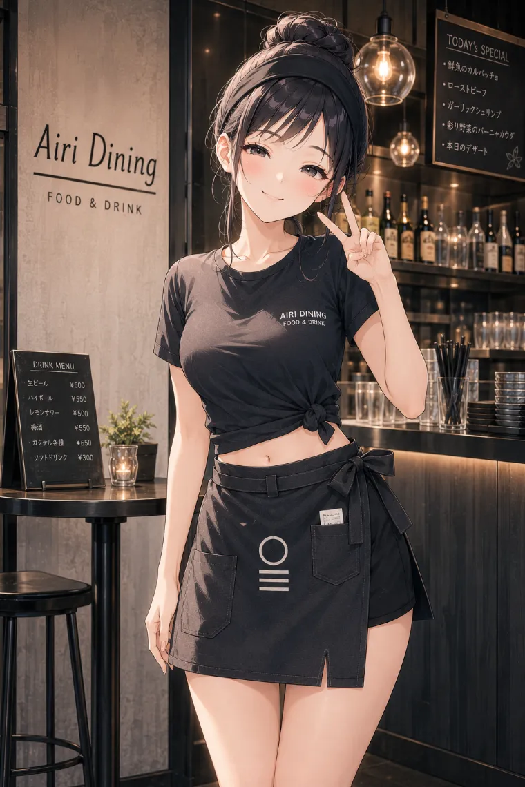 AIイラスト版｜裾を結んだチャコール色のTシャツと黒いキュロット、チャコール色の前掛けを着たダイニングの看板娘