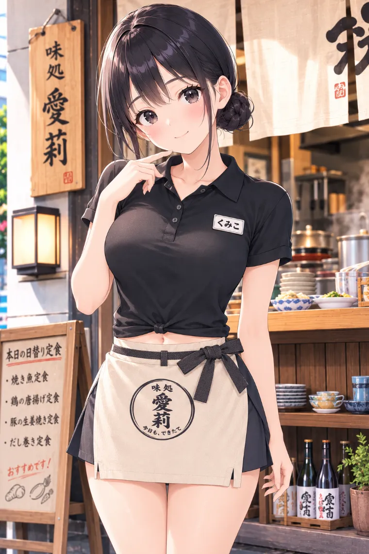 AIイラスト版｜黒いポロシャツとチャコール色のスコート、生成り色の前掛けを着た味処の看板娘