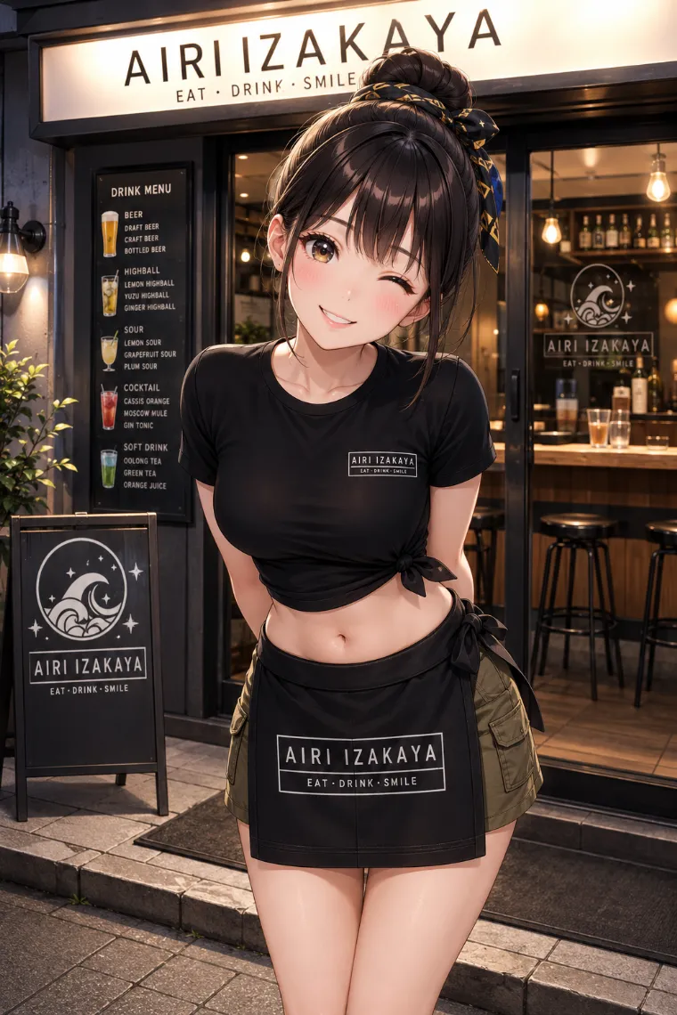 AIイラスト版｜黒い短丈Tシャツとオリーブ色のカーゴミニスカート、黒い前掛けを着た居酒屋の看板娘
