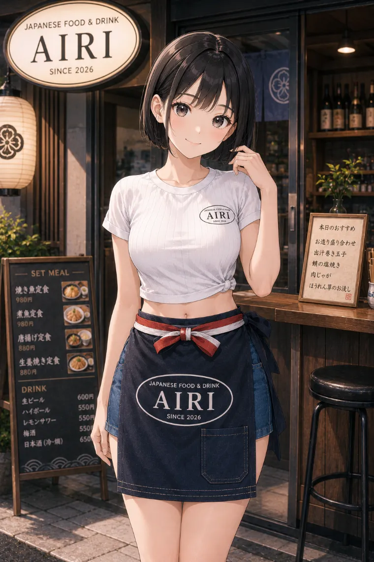 AIイラスト版｜白いリブTシャツとデニムミニスカート、インディゴ色の帆前掛けを着た和食店の看板娘