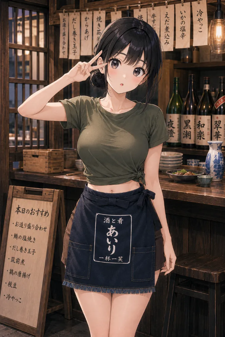 AIイラスト版｜オリーブ色のTシャツとブラウンのタイトミニスカート、紺色の帆前掛けを着た酒と肴の店の看板娘
