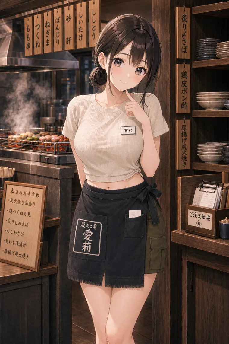 AIイラスト版｜生成り色のワッフルTシャツとオリーブ色のユーティリティミニスカート、チャコール色の前掛けを着た炭火料理店の看板娘