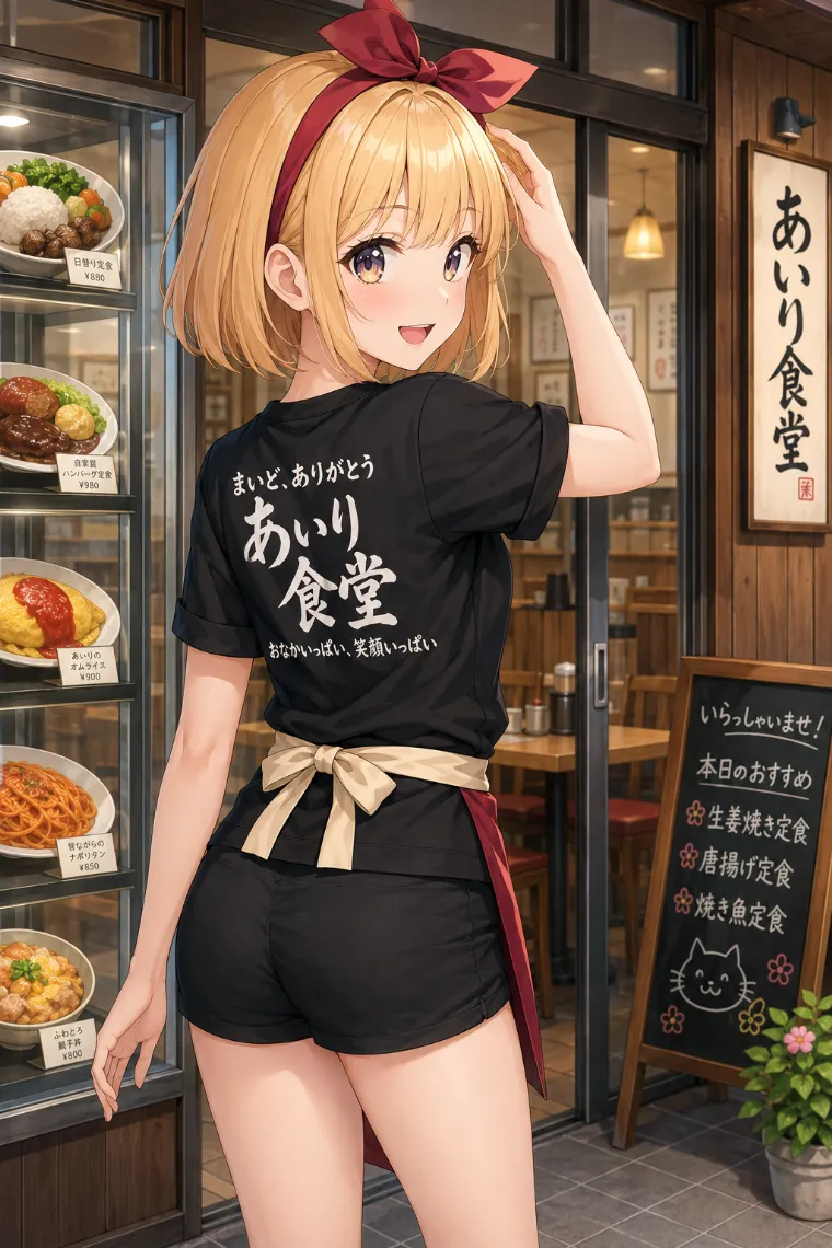 AIイラスト版｜黒いTシャツと黒いショートパンツ、えんじ色の前掛けを着た食堂の看板娘