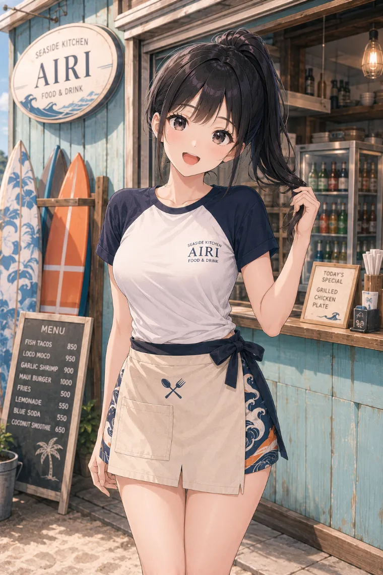 AIイラスト版｜ラグランTシャツと波柄のサーフショーツ、生成り色の前掛けを着た海辺の軽食店の看板娘