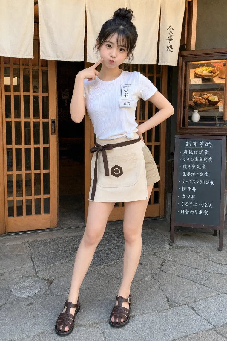 実写AI美女版｜白いリブTシャツとベージュのチノショートパンツ、生成り色の前掛けを着た食事処の看板娘