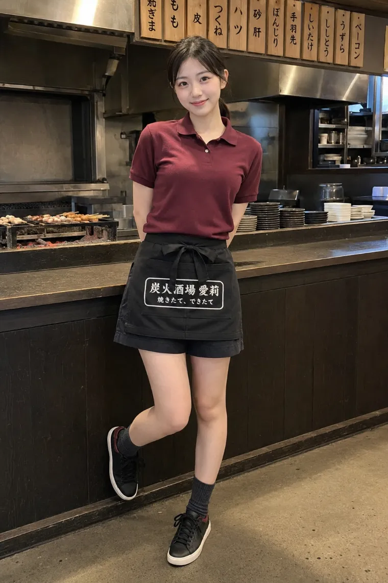 実写AI美女版｜えんじ色のポロシャツとチャコール色のワークショートパンツ、黒い前掛けを着た炭火酒場の看板娘