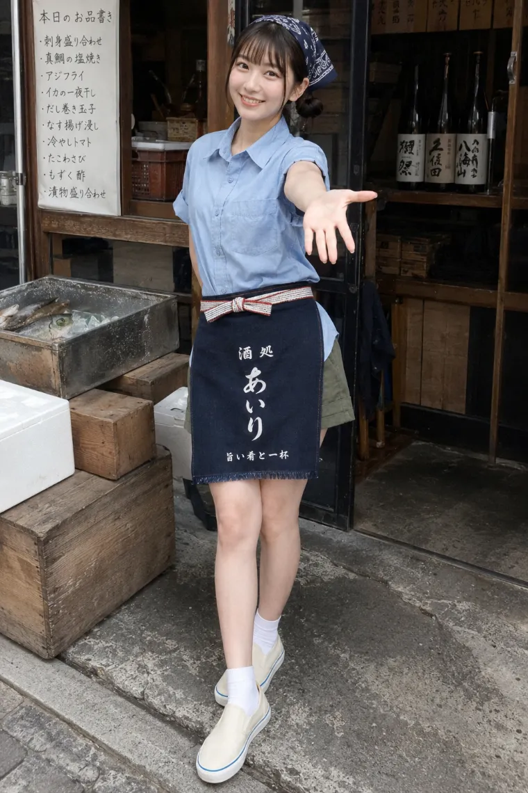 実写AI美女版｜ブルーのワークシャツとオリーブ色のショートパンツ、インディゴ色の帆前掛けを着た酒処の看板娘
