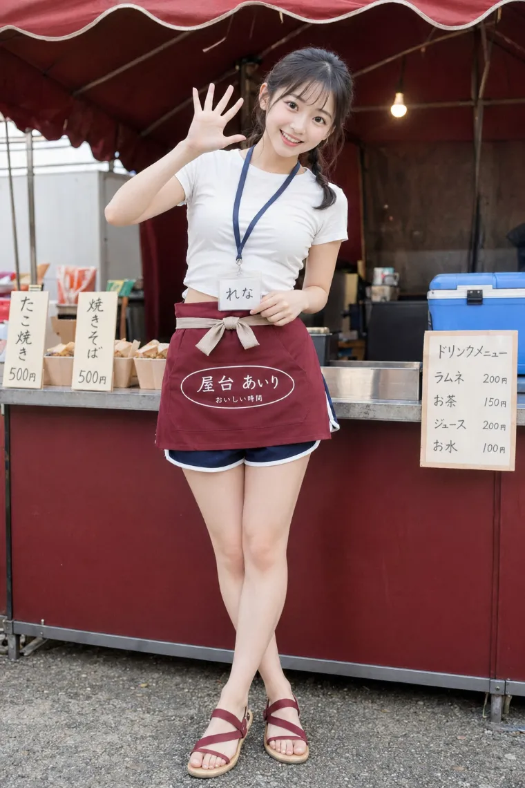 実写AI美女版｜白いTシャツと紺色のスポーツショートパンツ、えんじ色の前掛けを着た屋台の看板娘