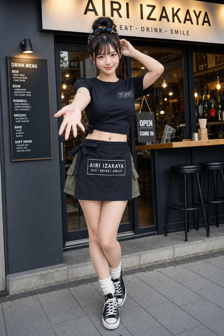 実写AI美女版｜黒い短丈Tシャツとオリーブ色のカーゴミニスカート、黒い前掛けを着た居酒屋の看板娘