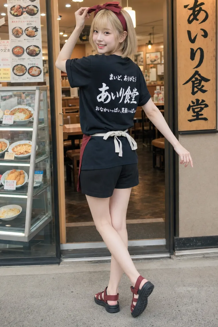 実写AI美女版｜黒いTシャツと黒いショートパンツ、えんじ色の前掛けを着た食堂の看板娘