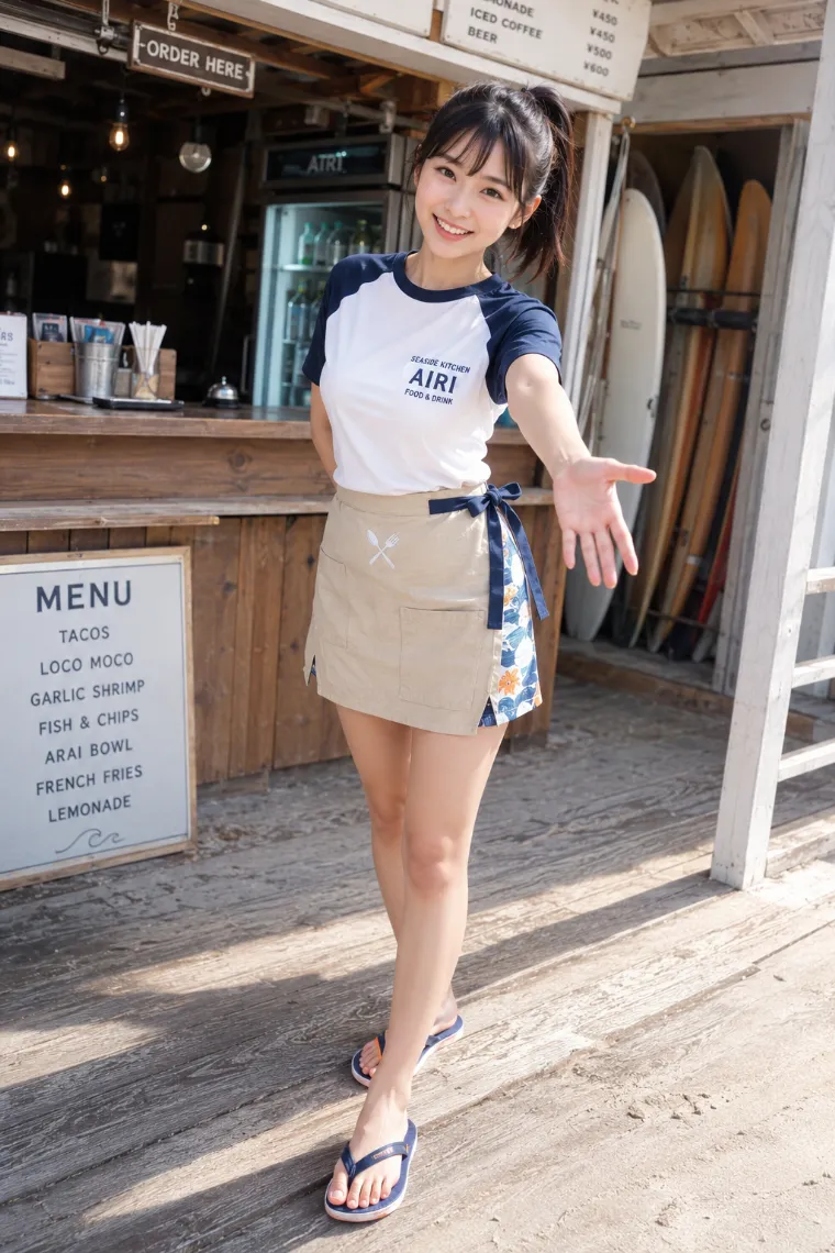 実写AI美女版｜ラグランTシャツと波柄のサーフショーツ、生成り色の前掛けを着た海辺の軽食店の看板娘