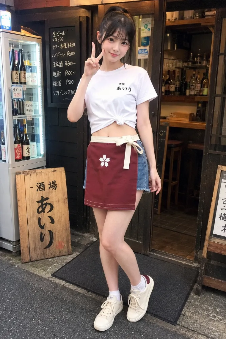 実写AI美女版｜裾を結んだ白Tシャツとデニムショート、えんじ色の前掛けを着た酒場の看板娘