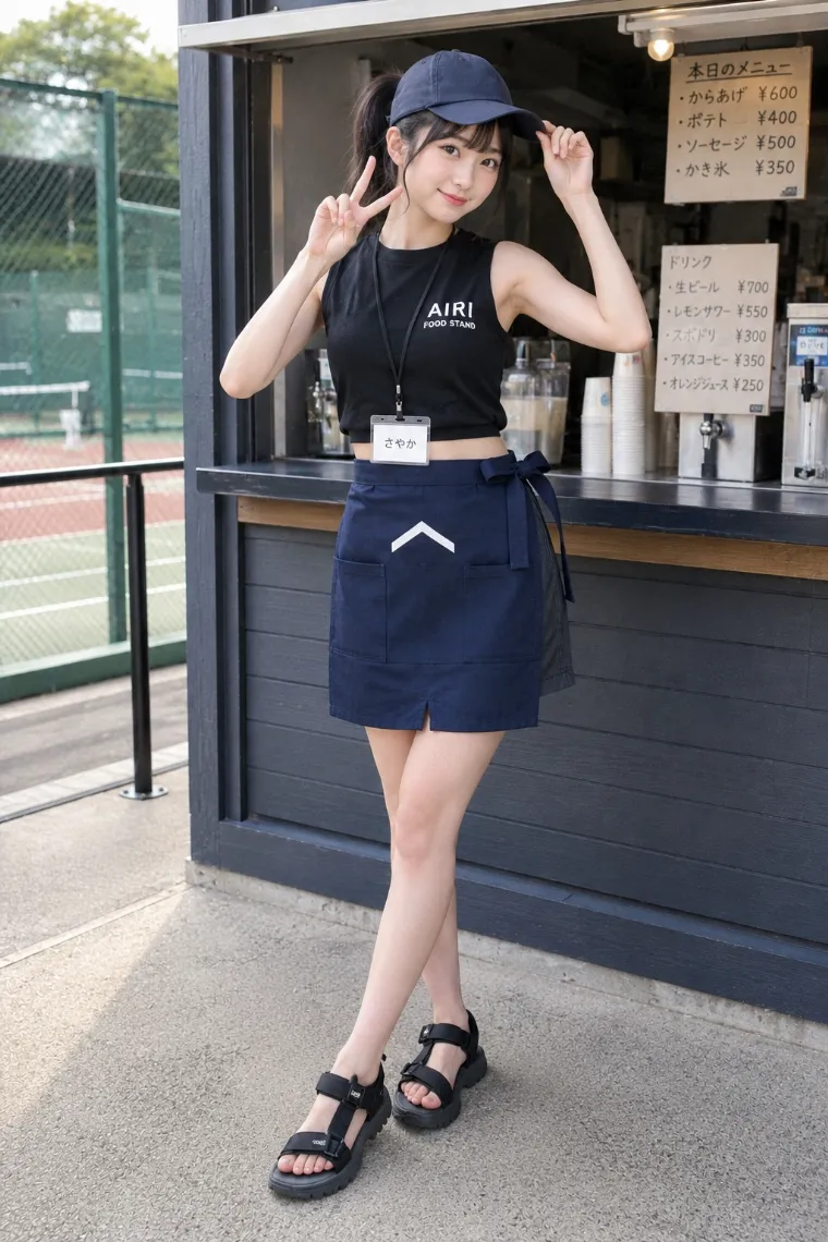 実写AI美女版｜黒いノースリーブTシャツとランニングショーツ、紺色の前掛けを着たフードスタンドの看板娘