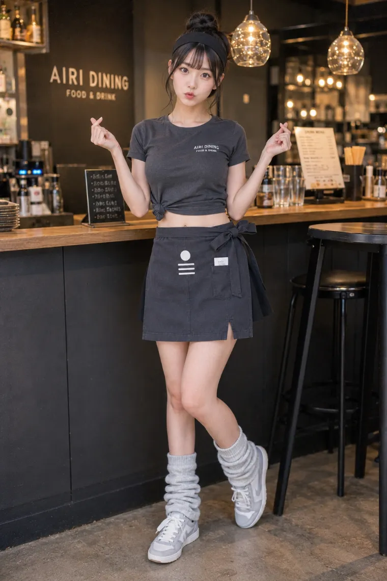 実写AI美女版｜裾を結んだチャコール色のTシャツと黒いキュロット、チャコール色の前掛けを着たダイニングの看板娘