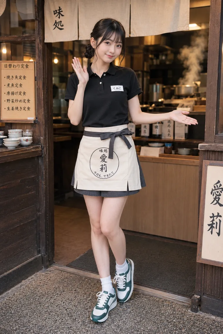 実写AI美女版｜黒いポロシャツとチャコール色のスコート、生成り色の前掛けを着た味処の看板娘