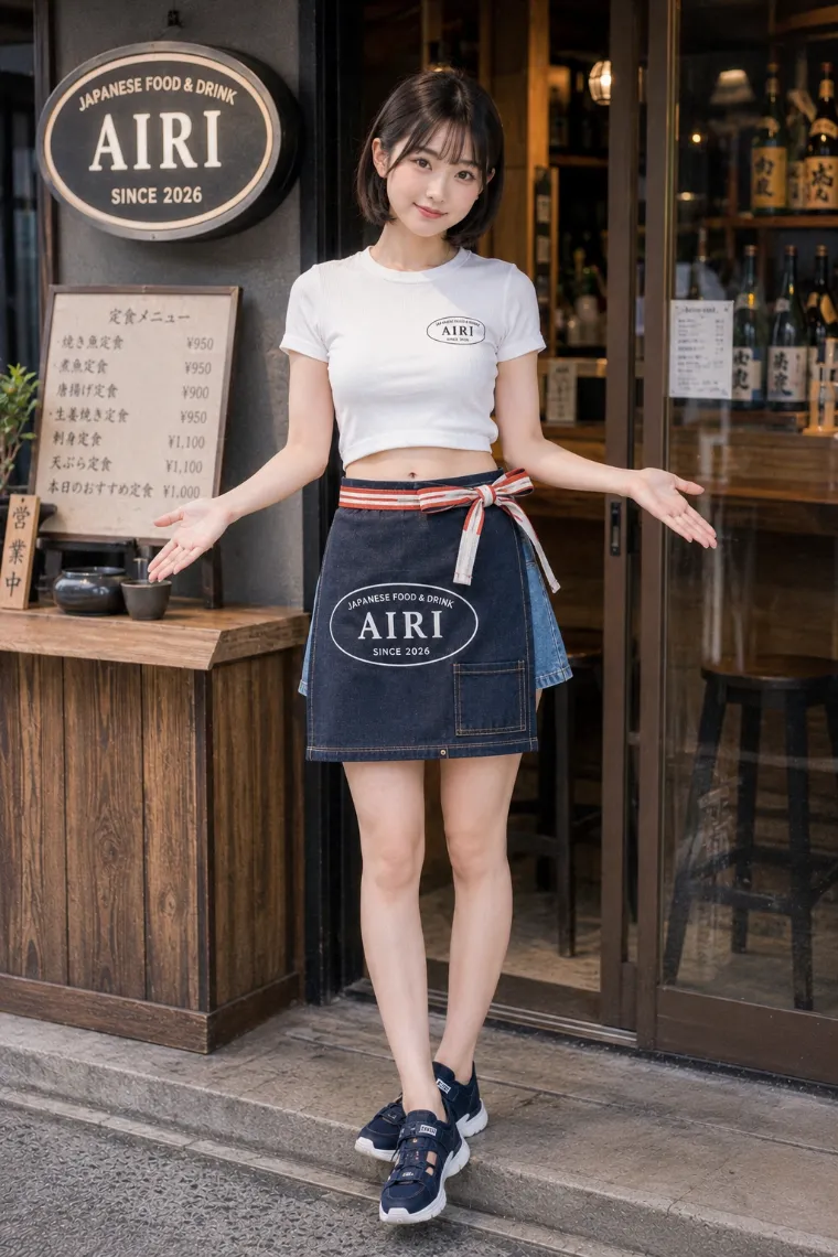 実写AI美女版｜白いリブTシャツとデニムミニスカート、インディゴ色の帆前掛けを着た和食店の看板娘