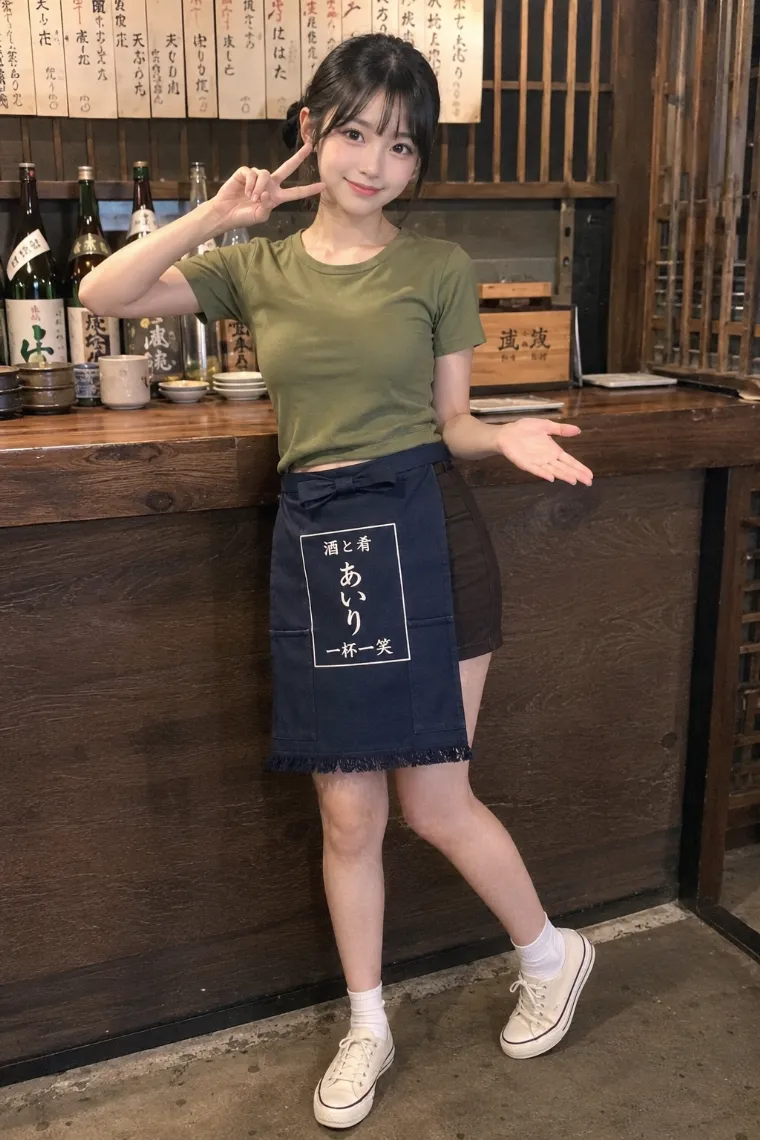 実写AI美女版｜オリーブ色のTシャツとブラウンのタイトミニスカート、紺色の帆前掛けを着た酒と肴の店の看板娘