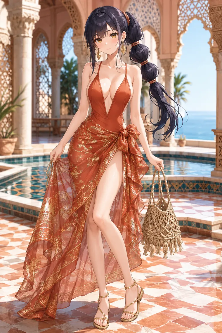 AIイラスト版|テラコッタのワンピース水着にゴールド柄シフォンパレオを合わせた全身リゾートコーデ