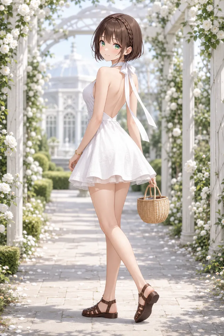 AIイラスト版|白いバックレスホルターミニドレスとダークブラウンのグルカサンダルの全身コーデ