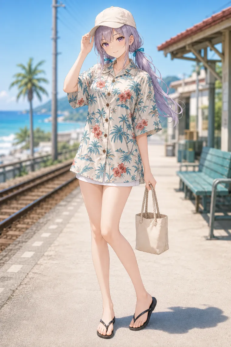 AIイラスト版|花とヤシ柄のオーバーサイズアロハシャツをミニドレス風に着た全身リゾートコーデ