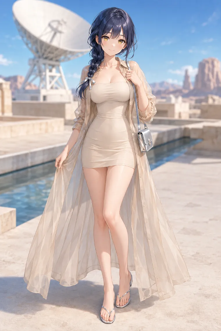 AIイラスト版|ライトベージュのチューブミニにサンドベージュのシアーシャツドレスを重ねた全身コーデ