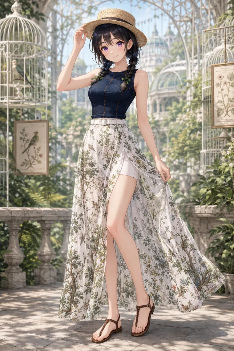 AIイラスト版|ダークネイビーのデニムトップとボタニカル柄シフォンスカートの全身リゾートコーデ