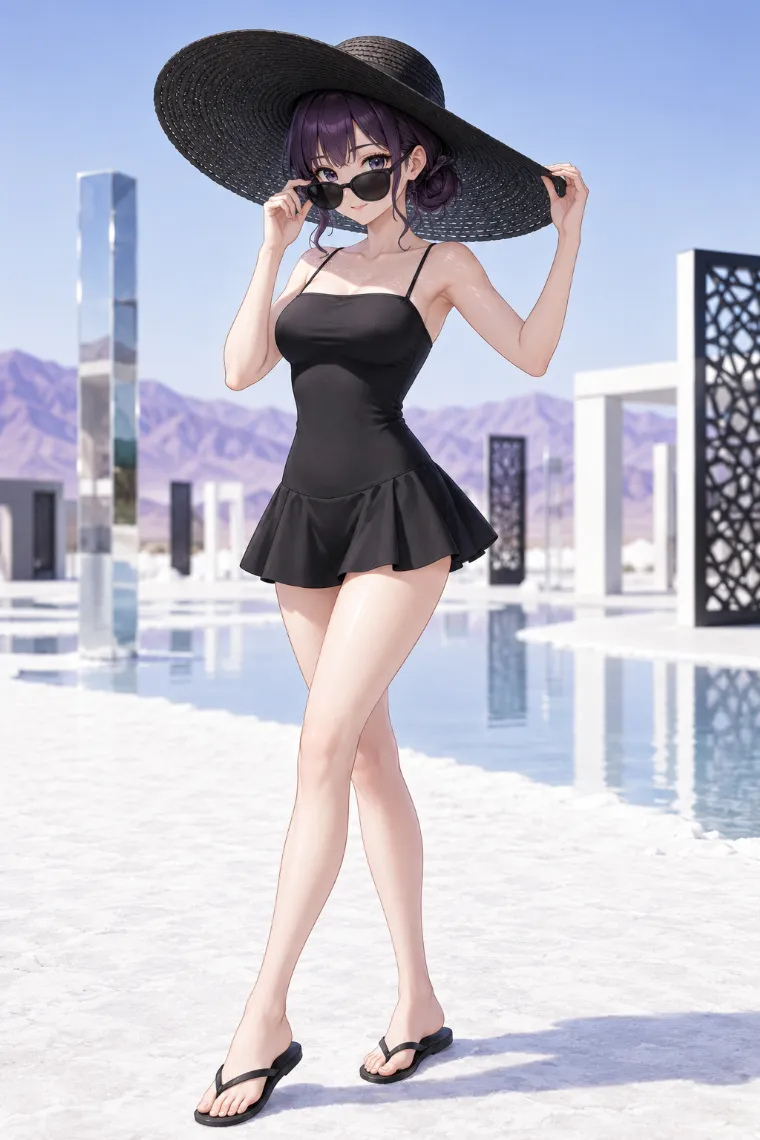 AIイラスト版|黒のフレアミニスカート付きワンピース水着とワイドブリムハットの全身リゾートコーデ