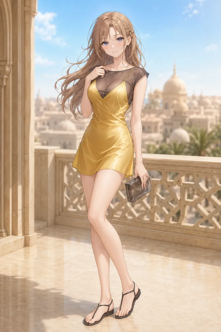 AIイラスト版|トパーズイエローのサテンミニドレスにチャコールグレーのシアートップを重ねた全身コーデ