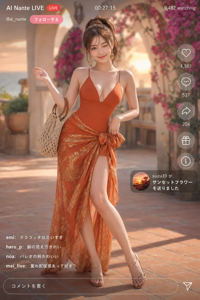 実写AI美女版|テラコッタのワンピース水着にゴールド柄シフォンパレオを合わせた全身リゾートコーデ