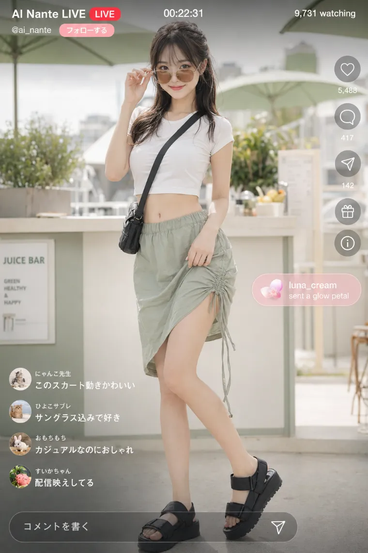 実写AI美女版|白いクロップドTシャツとセージグリーンのドローストリングスカートの全身コーデ