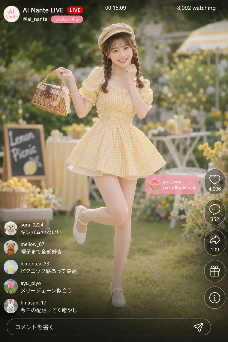 実写AI美女版|レモンイエローのギンガムチェックミニドレスと白いメリージェーンの全身リゾートコーデ
