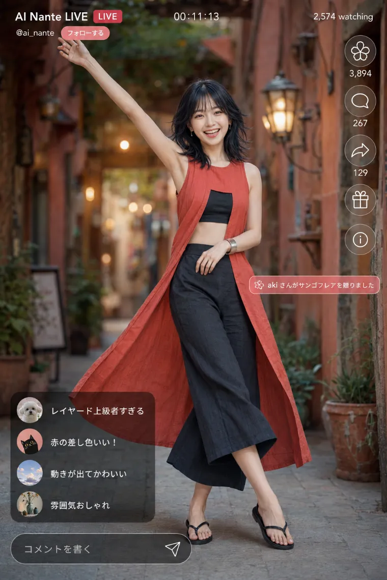 実写AI美女版|黒のチューブトップとワイドパンツにコーラルレッドのロングチュニックを重ねた全身コーデ